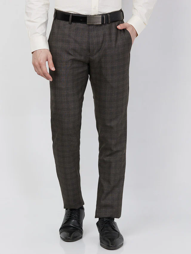 Raymond Men Brown Checks Slim Fit Polyester Blend Trouser