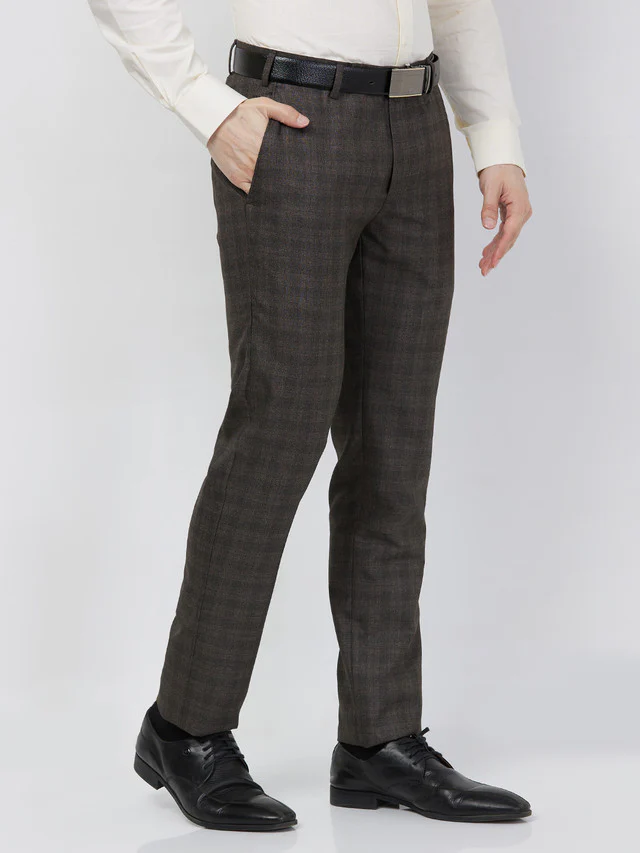 Raymond Men Brown Checks Slim Fit Polyester Blend Trouser - Image 2