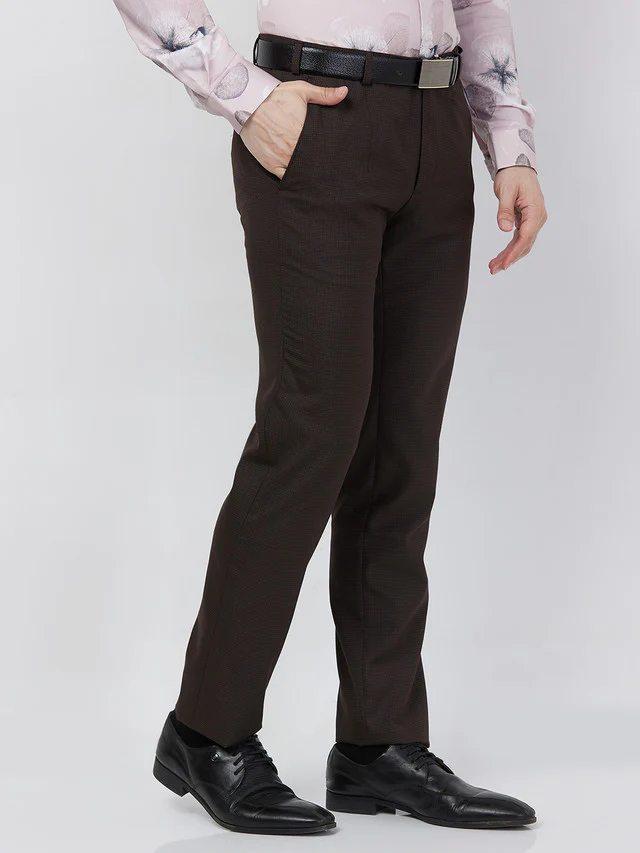 Raymond Men Brown Checks Slim Fit Polyester Blend Trouser - Image 2