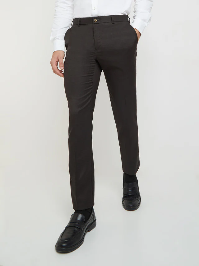 Raymond Men Brown Checks Slim Fit Polyester Blend Trouser