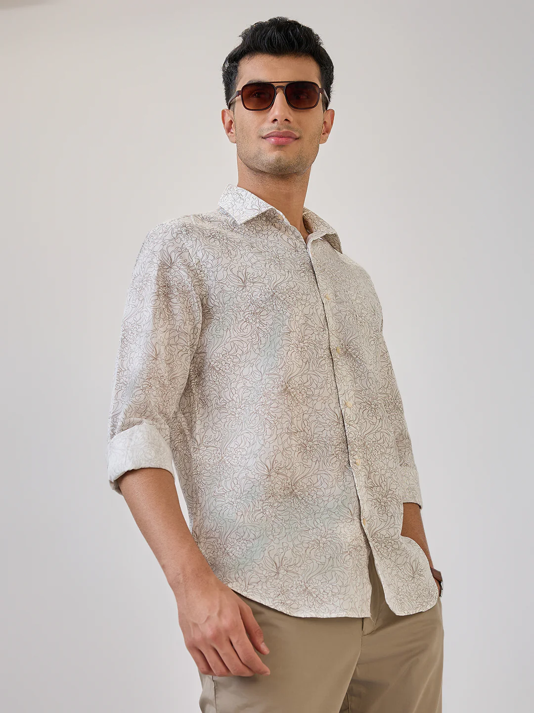 Raymond Men Brown Print Contemporary Fit Cotton Blend Formal Shirt