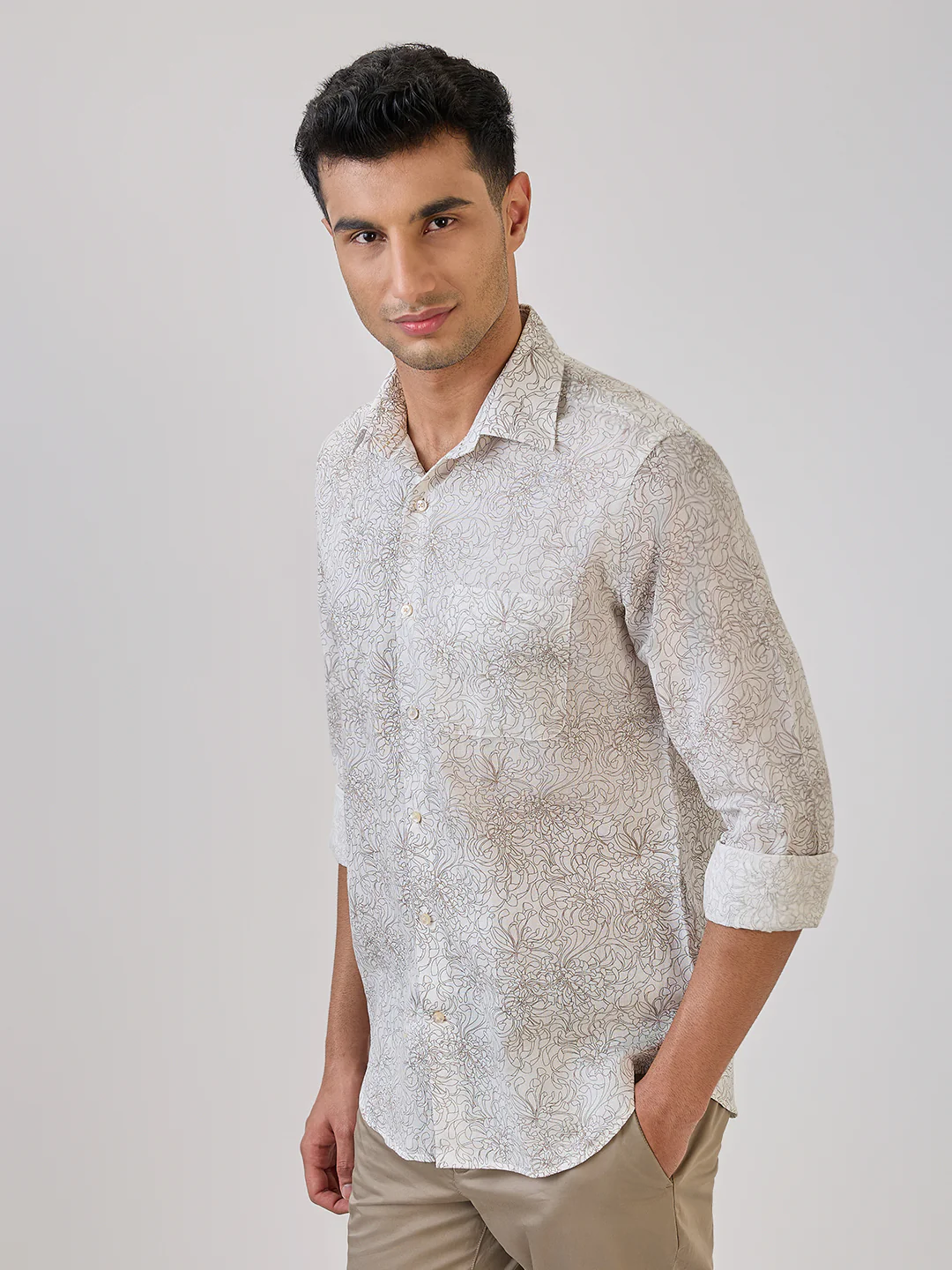 Raymond Men Brown Print Contemporary Fit Cotton Blend Formal Shirt - Image 3