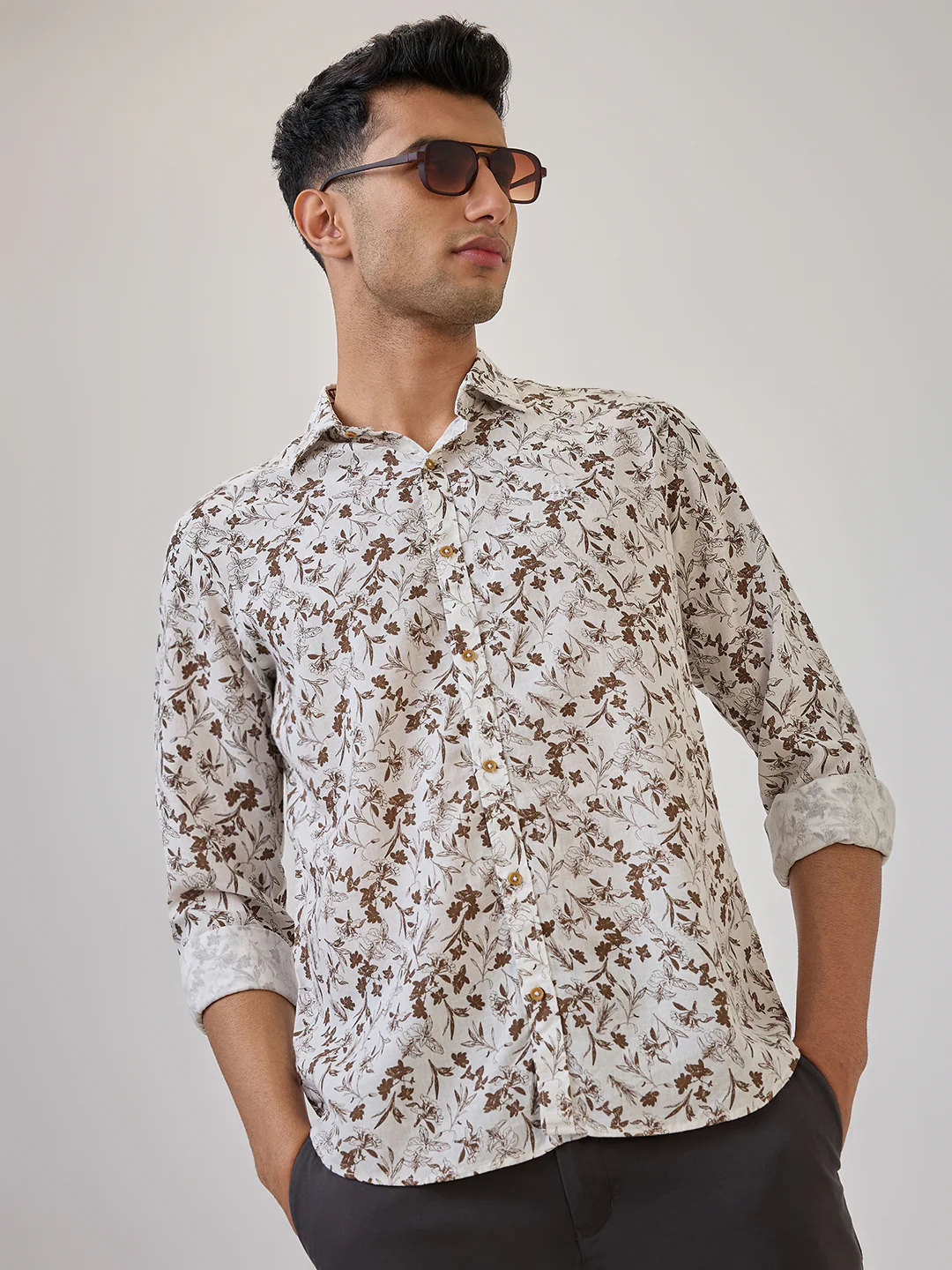 Raymond Men Brown Print Regular Fit Linen Blend Casual Shirt