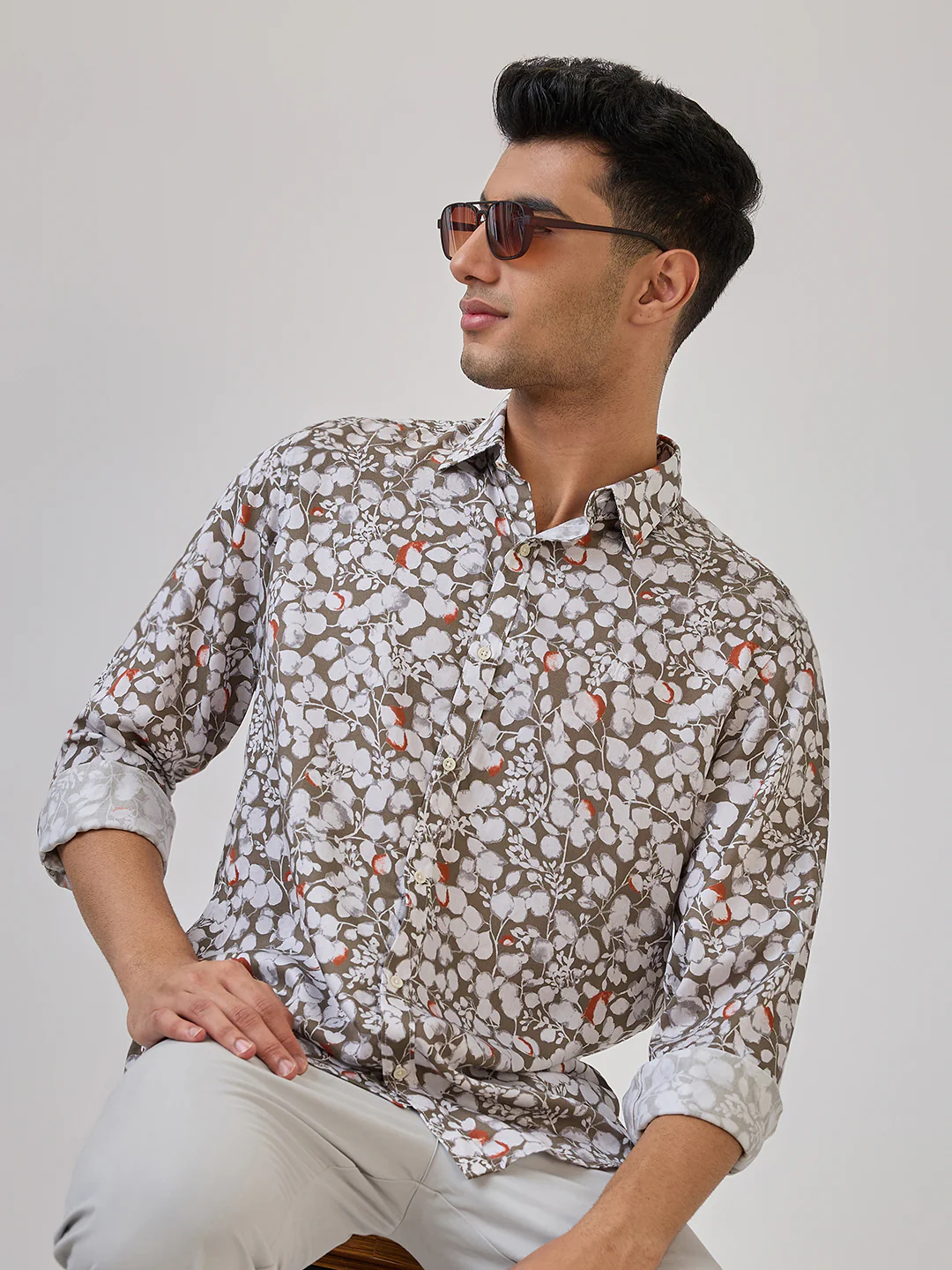 Raymond Men Brown Print Regular Fit Tencel Casual Shirt
