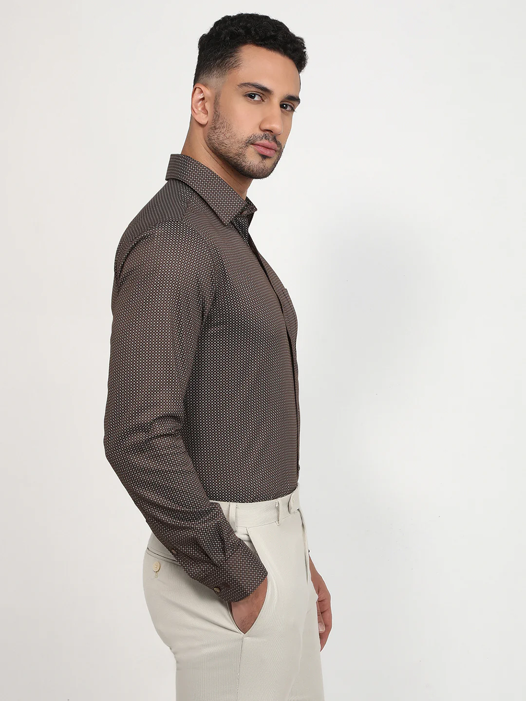 Raymond Men Brown Printed Slim Fit Cotton Formal Shirt - Image 3