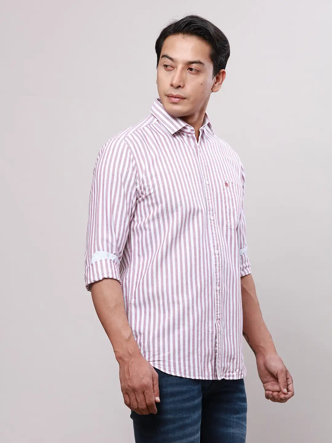 Raymond Men Brown Slim Fit Stripe Cotton Regular Collar Shirts - Image 2