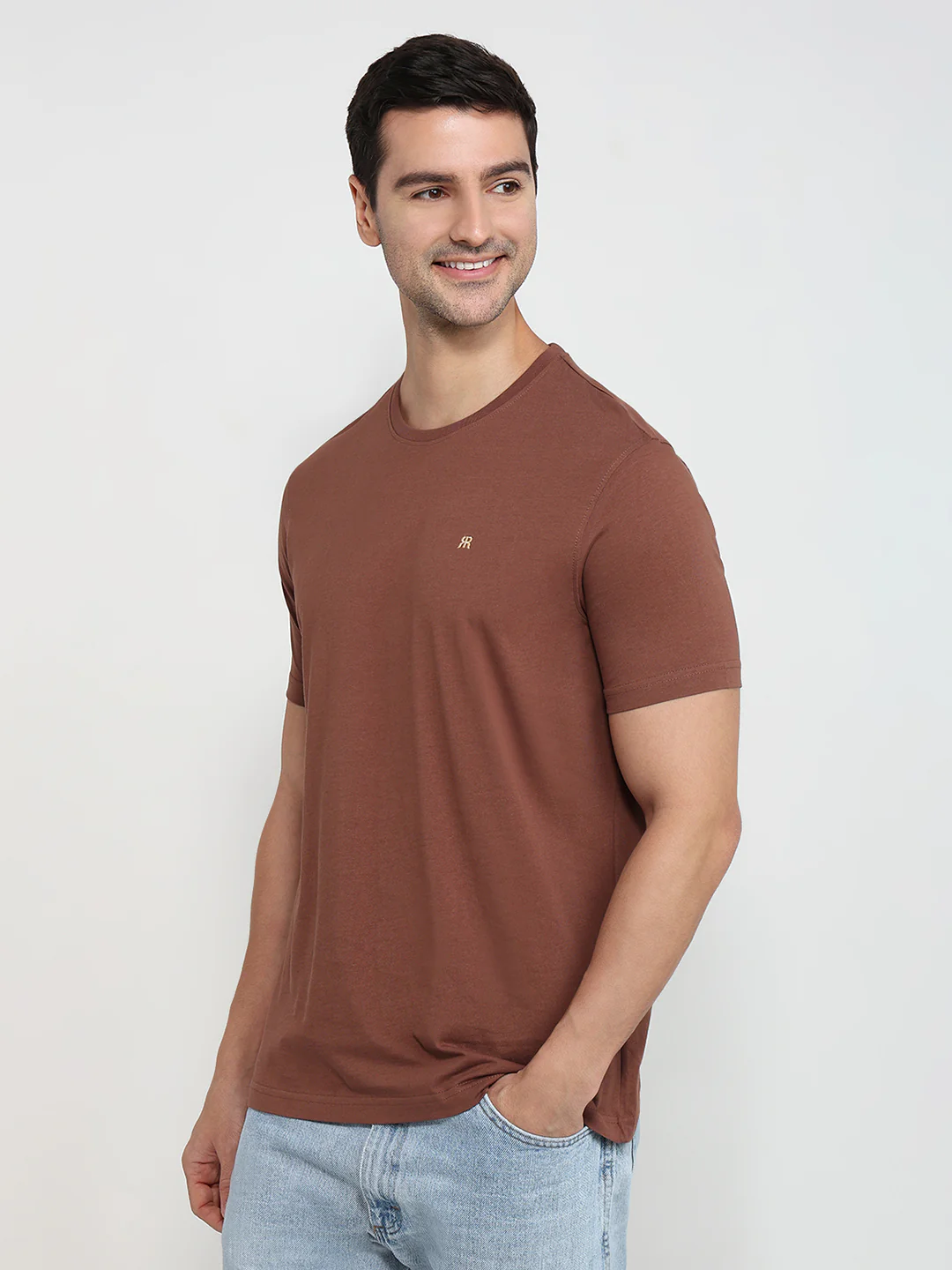 Raymond Men Brown Solid Regular Fit Cotton T-Shirt - Image 2