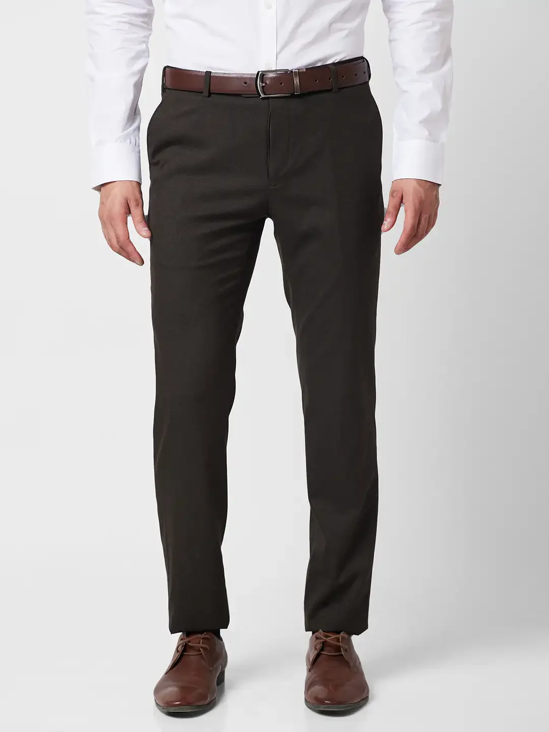 Raymond Men Brown Solid Slim Fit Polyester Blend Trouser