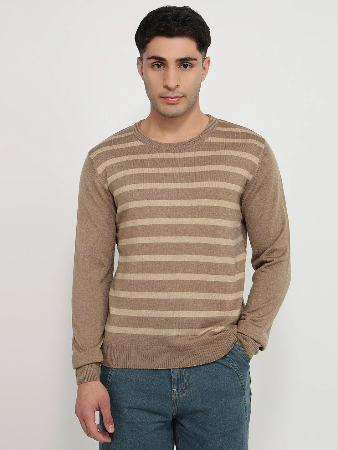 Raymond Men Brown Stripe Acrlic Blend Sweatshirt