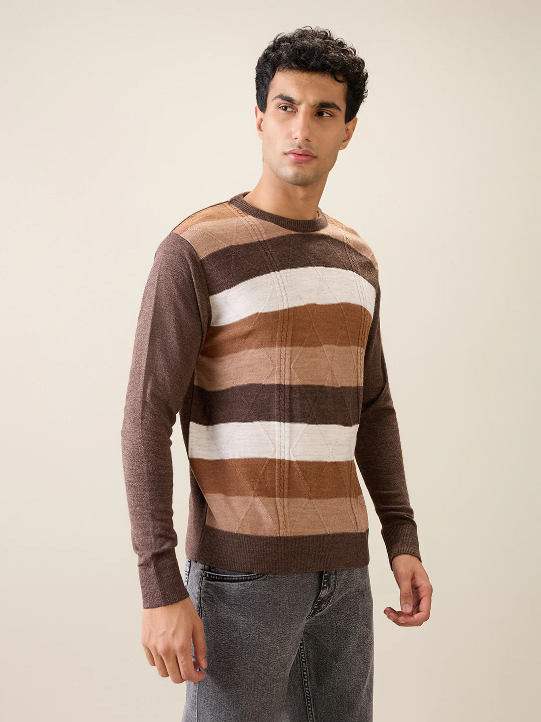 Raymond Men Brown Stripe Acrylic Full Sleeve Round Neck Collar Sweater - Image 3
