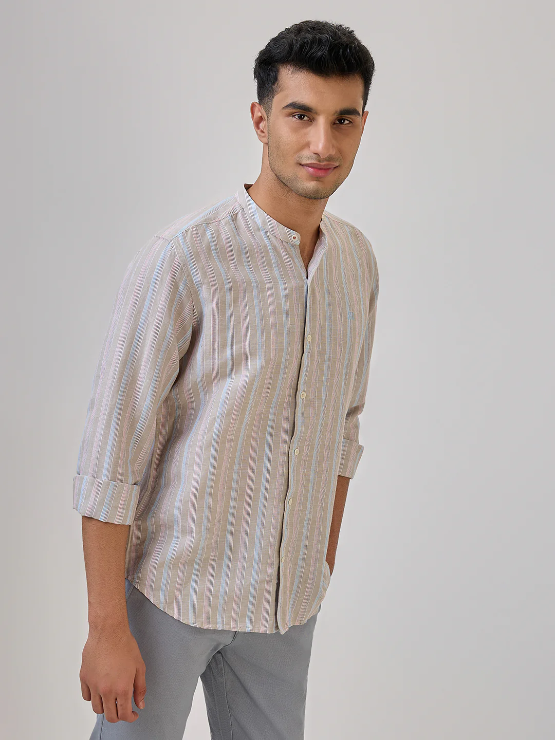 Raymond Men Brown Stripe Regular Fit Cotton Blend Casual Shirt - Image 3