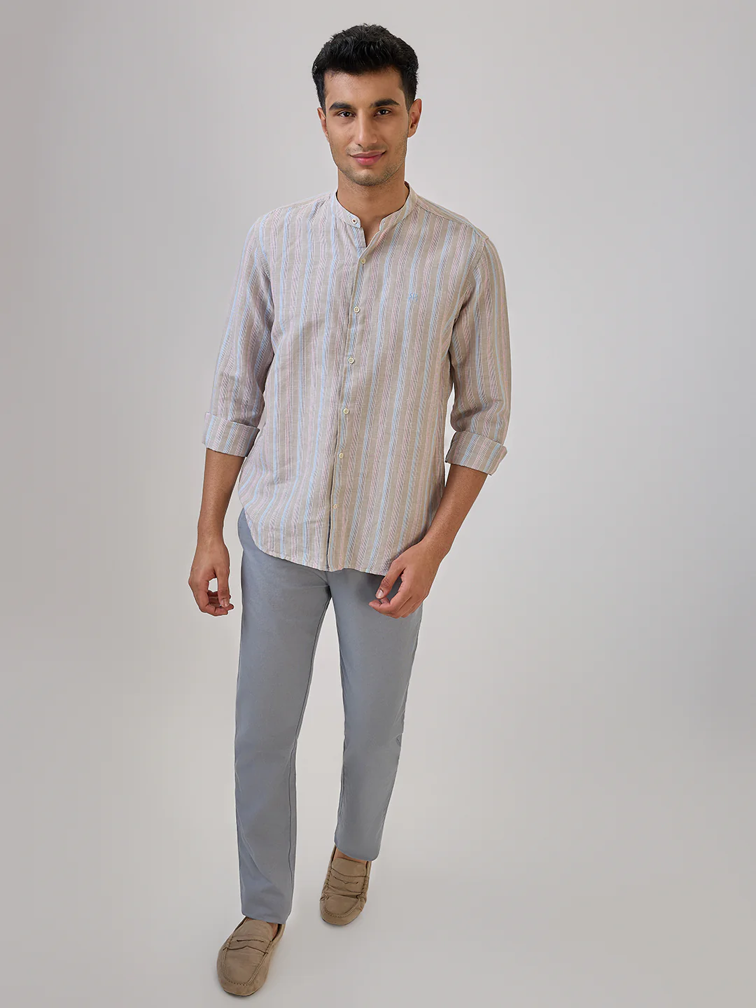 Raymond Men Brown Stripe Regular Fit Cotton Blend Casual Shirt - Image 5