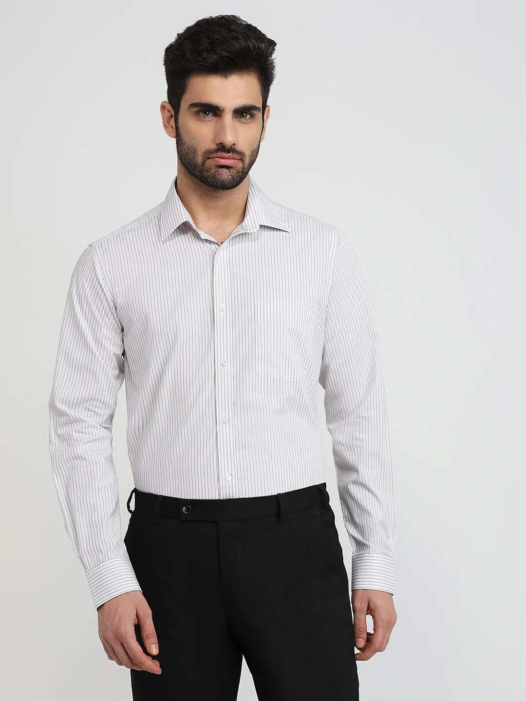 Raymond Men Brown Stripe Slim Fit Cotton Blend Shirt