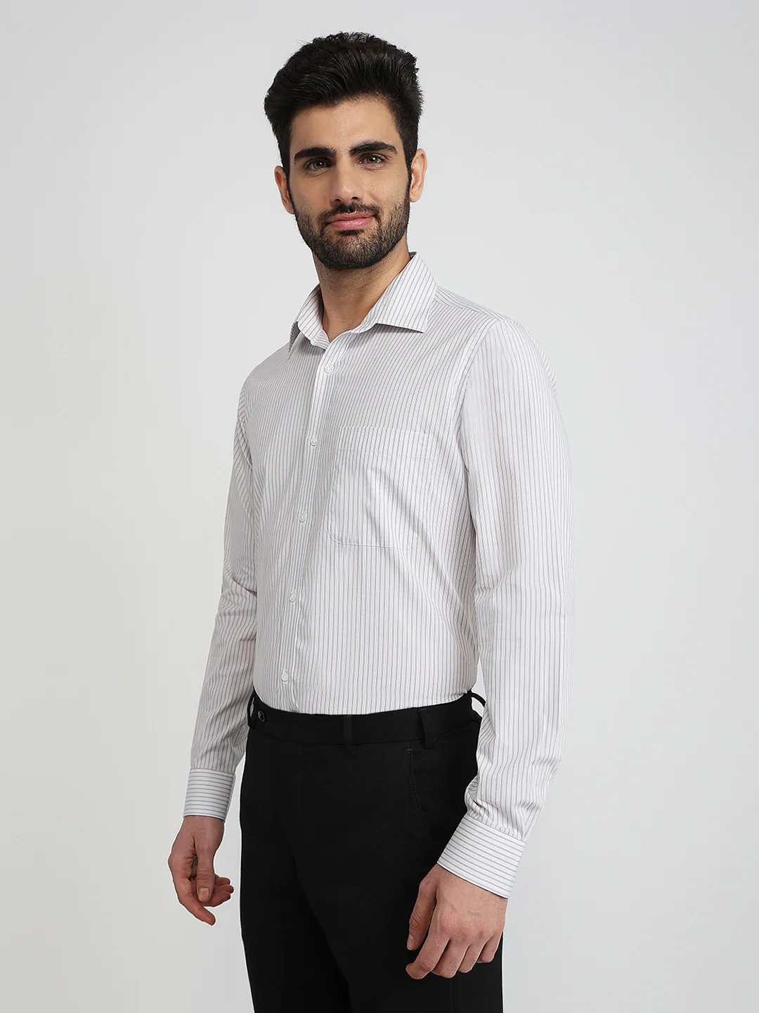 Raymond Men Brown Stripe Slim Fit Cotton Blend Shirt - Image 2