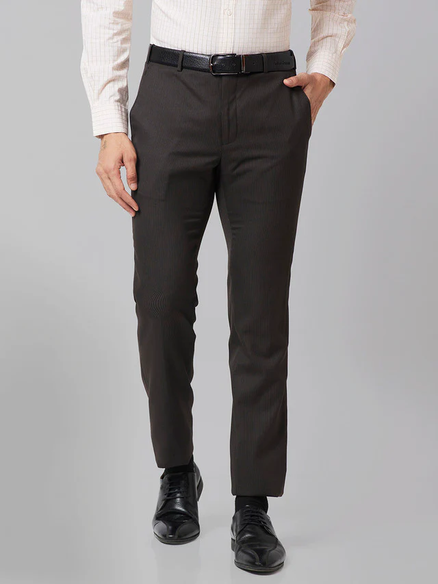 Raymond Men Brown Striped Slim Fit Trouser