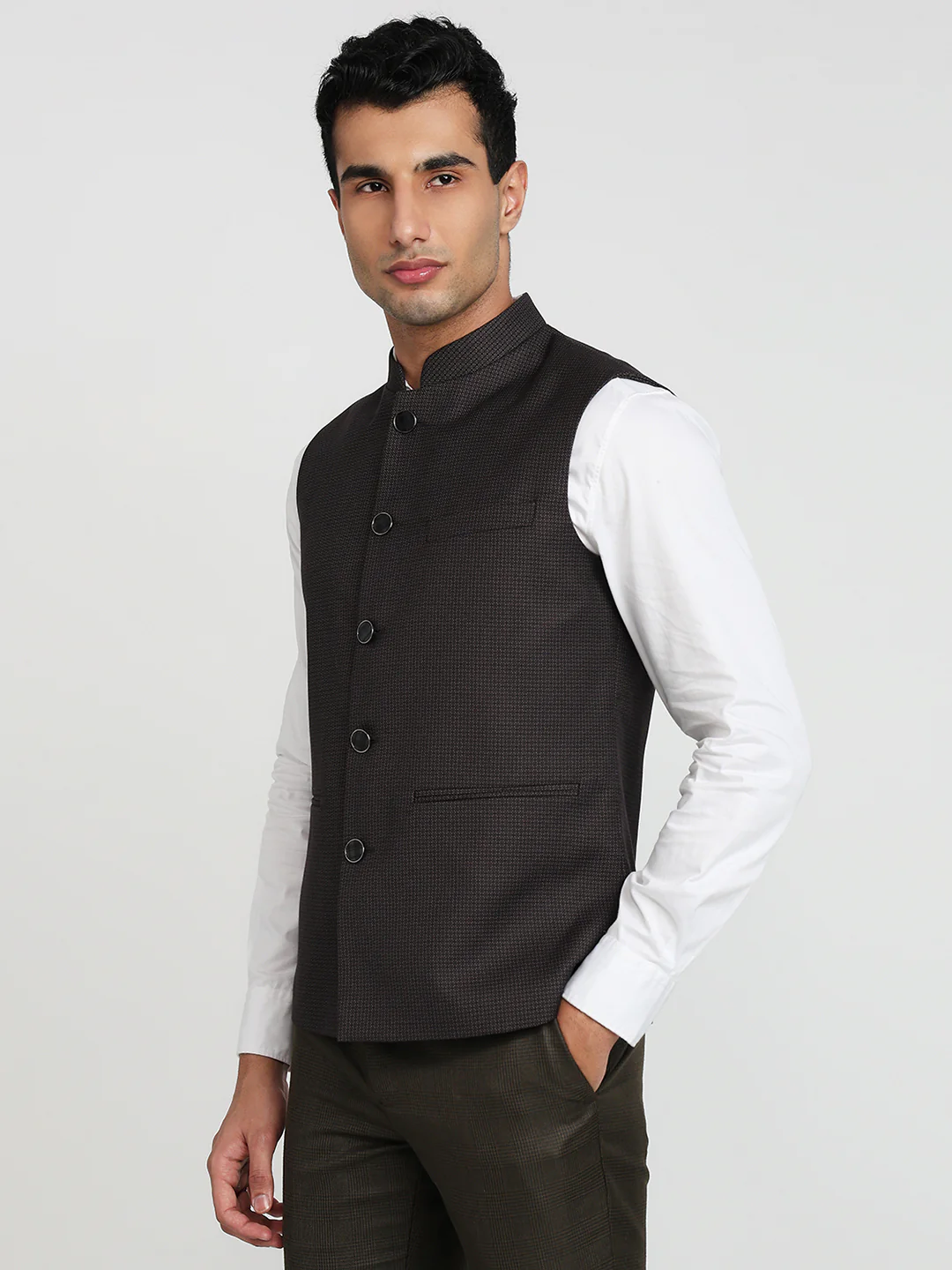 Raymond Men Contemporary Fit Dobby Pattern Terry Rayon Blend Sleeveless Waist Coat - Image 2