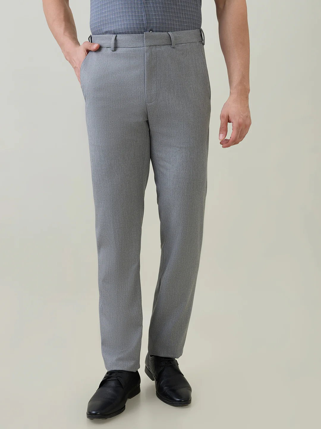 Raymond Men Contemporary Fit Solid Pattern Poly Viscose Blend Flat Front Trouser