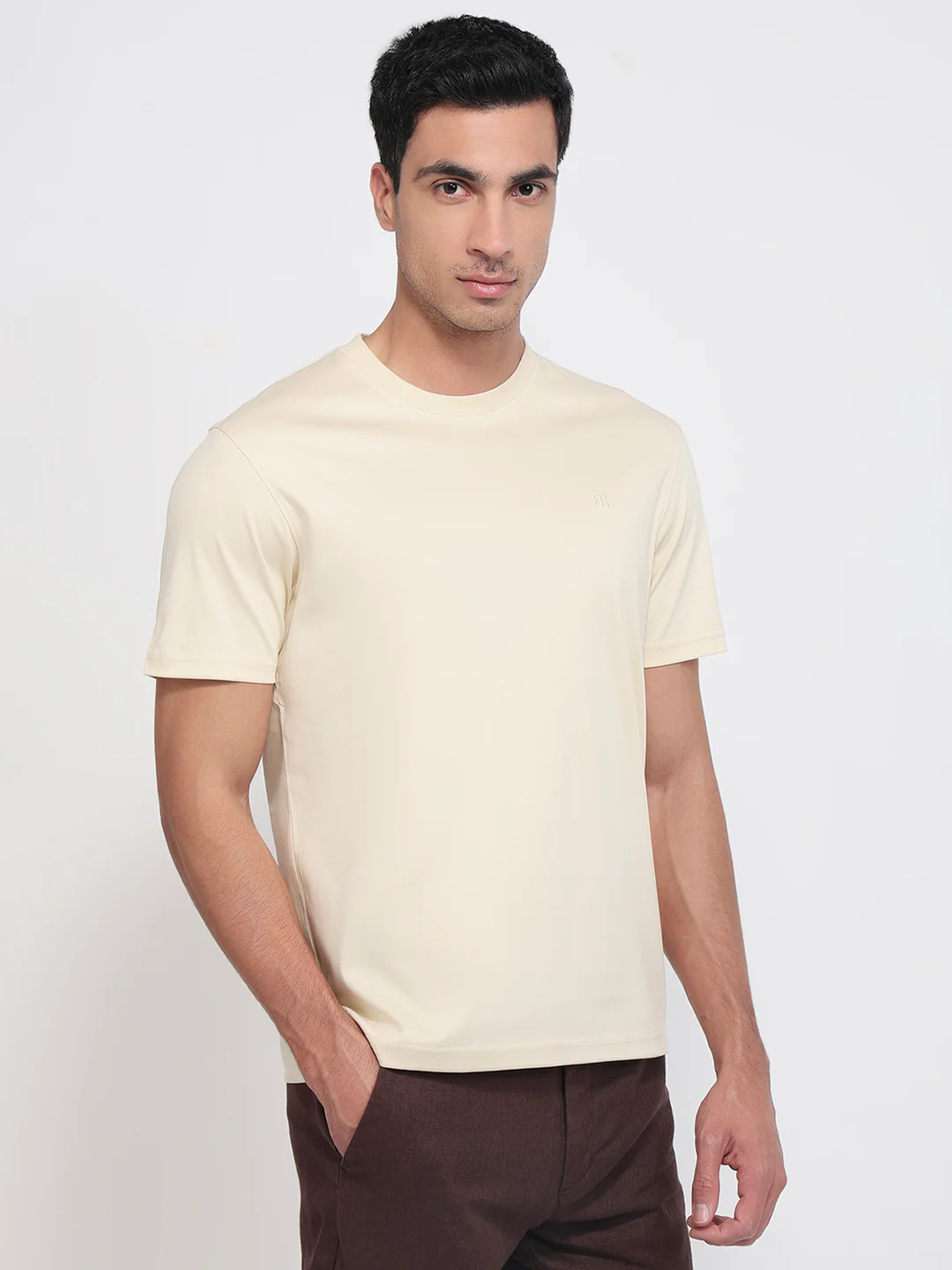Raymond Men Fawn Regular Fit Solid Crew Neck Collar T-Shirt - Image 3