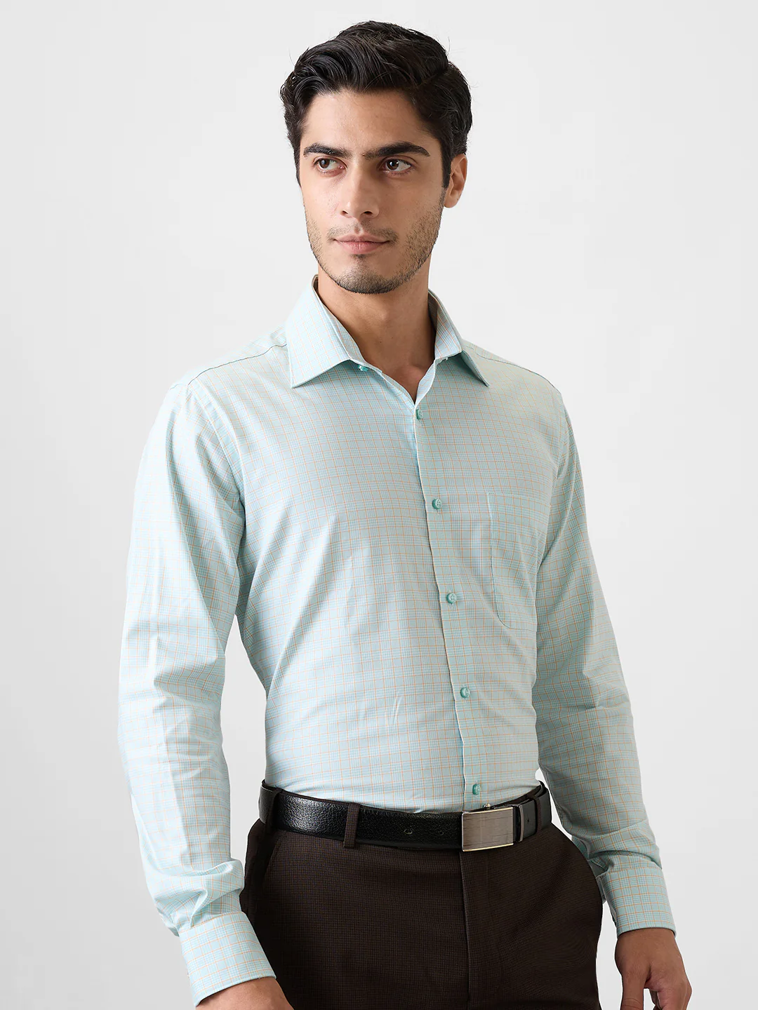 Raymond Men Green Checks Contemporary Fit Cotton Blend Shirt - Image 2