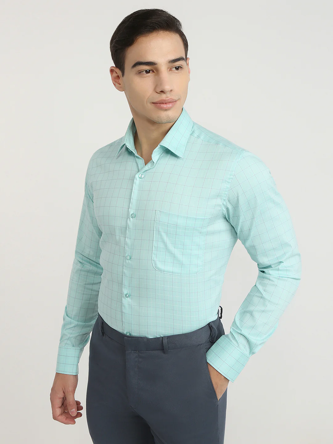 Raymond Men Green Checks Contemporary Fit Cotton Blend Shirt - Image 3