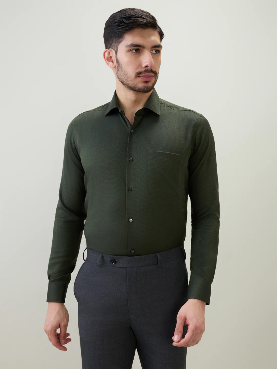Raymond Men Green Checks Contemporary Fit Cotton Formal Shirt