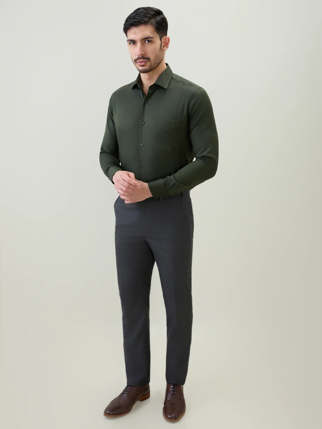 Raymond Men Green Checks Contemporary Fit Cotton Formal Shirt - Image 5