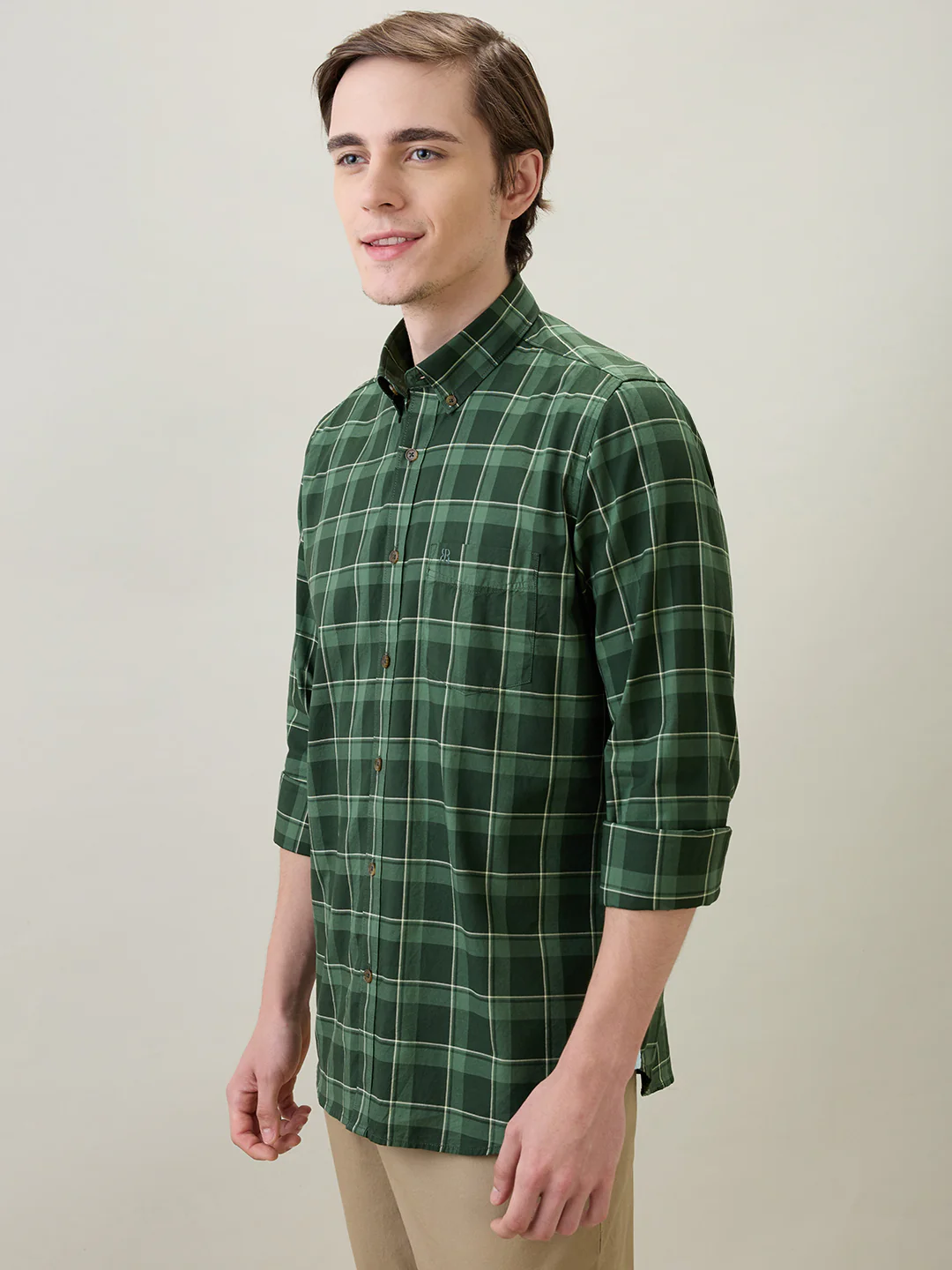 Raymond Men Green Checks Regular Fit Cotton Full Sleeve Casual Shirt - Image 3