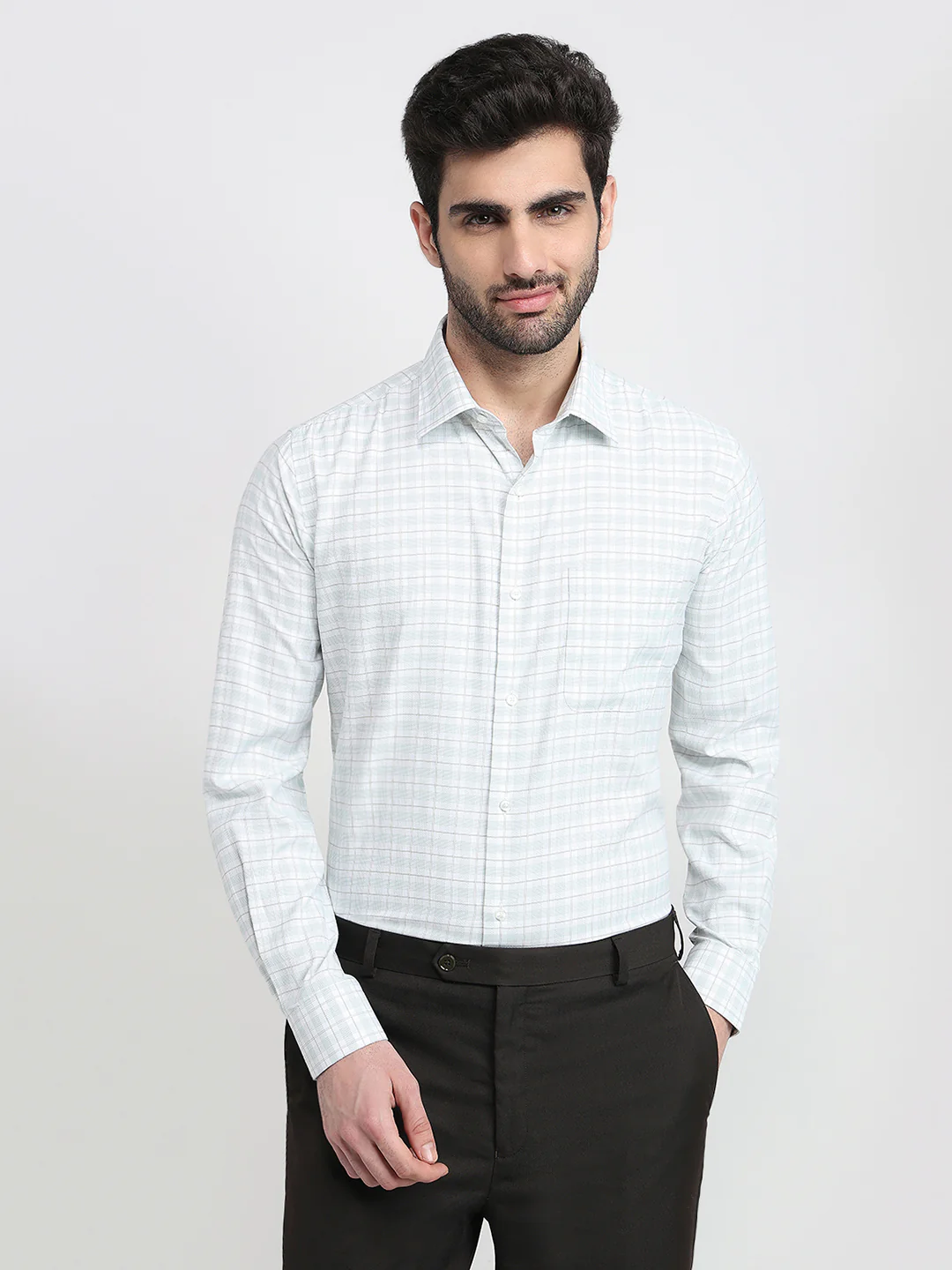 Raymond Men Green Checks Slim Fit Bamboo Blend Full Sleeve Formal Shirt