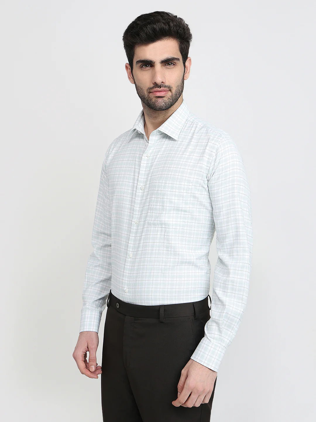 Raymond Men Green Checks Slim Fit Bamboo Blend Full Sleeve Formal Shirt - Image 2