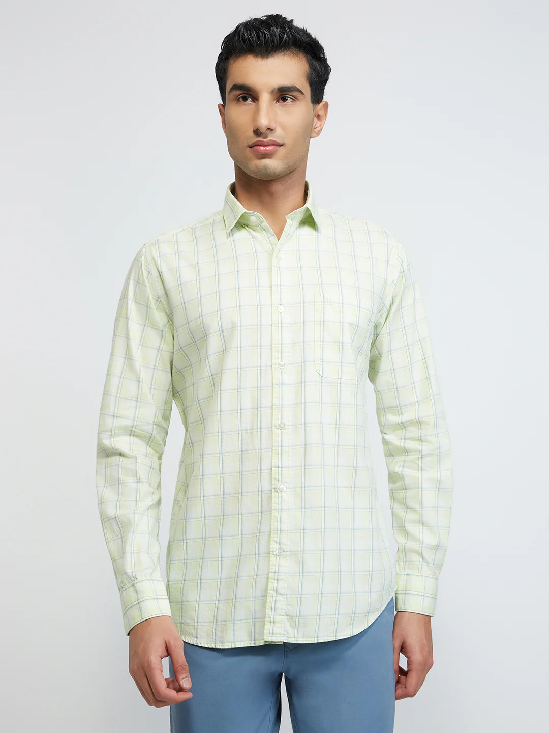 Raymond Men Green Checks Slim Fit Cotton Casual Shirt
