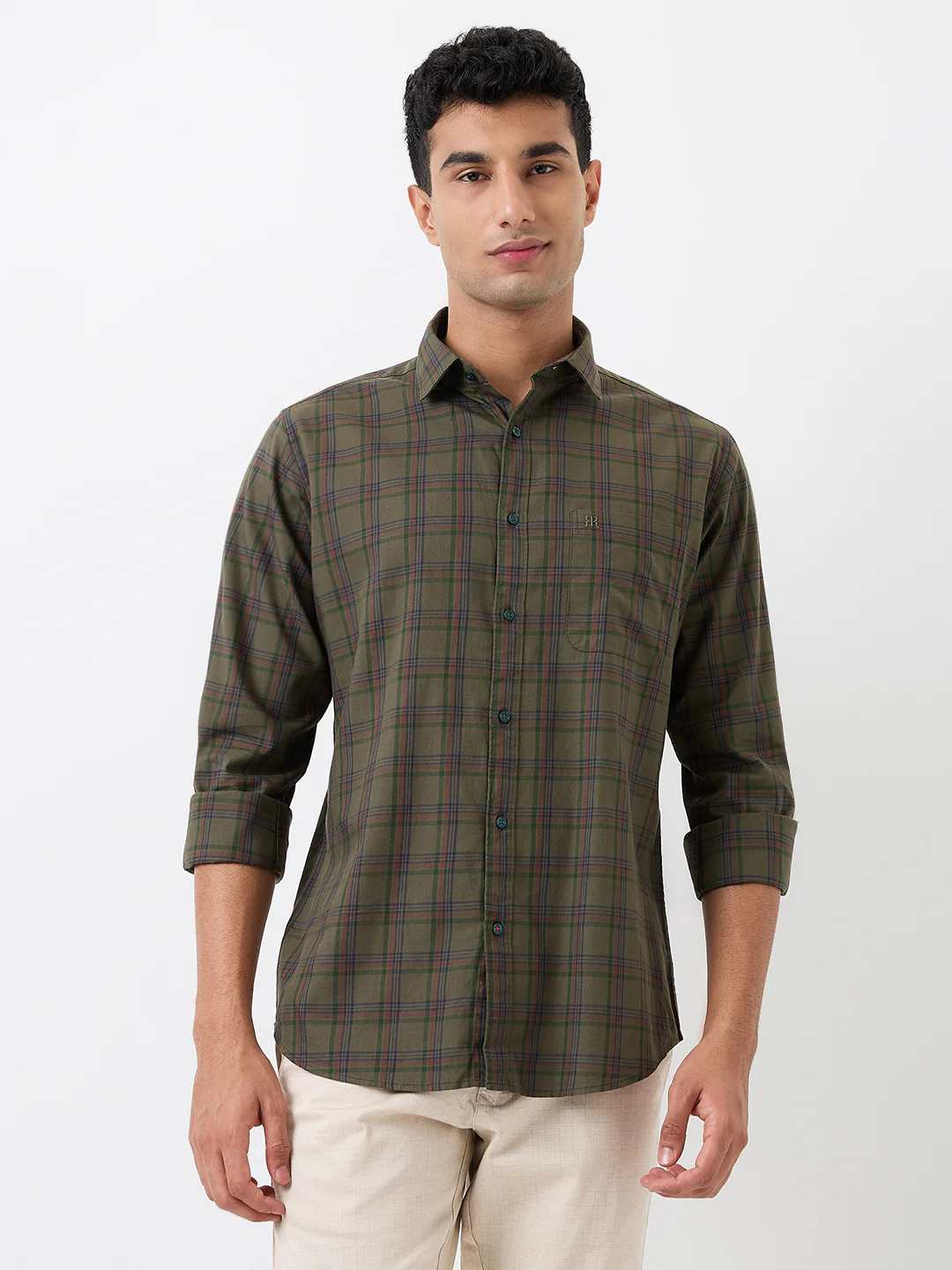 Raymond Men Green Checks Slim Fit Cotton Casual Shirt