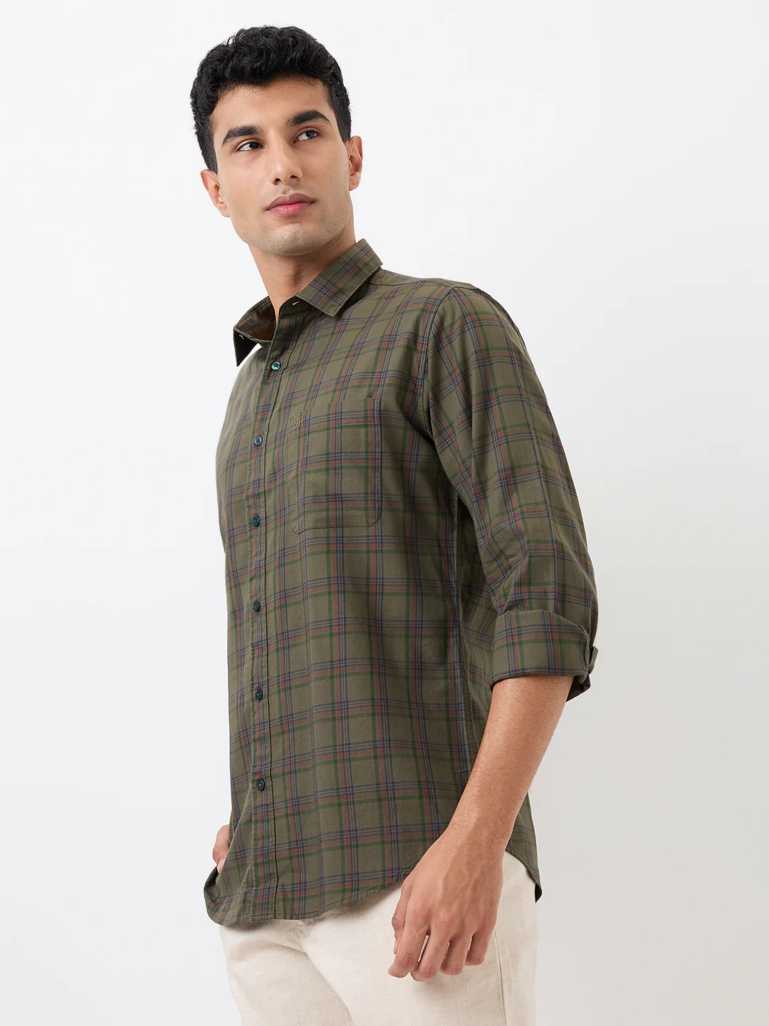 Raymond Men Green Checks Slim Fit Cotton Casual Shirt - Image 2