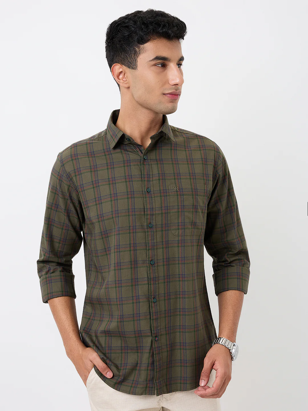 Raymond Men Green Checks Slim Fit Cotton Casual Shirt - Image 6