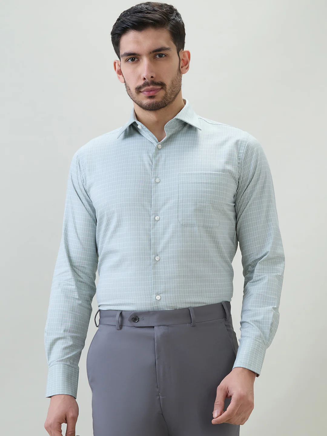 Raymond Men Green Checks Slim Fit Cotton Formal Shirt
