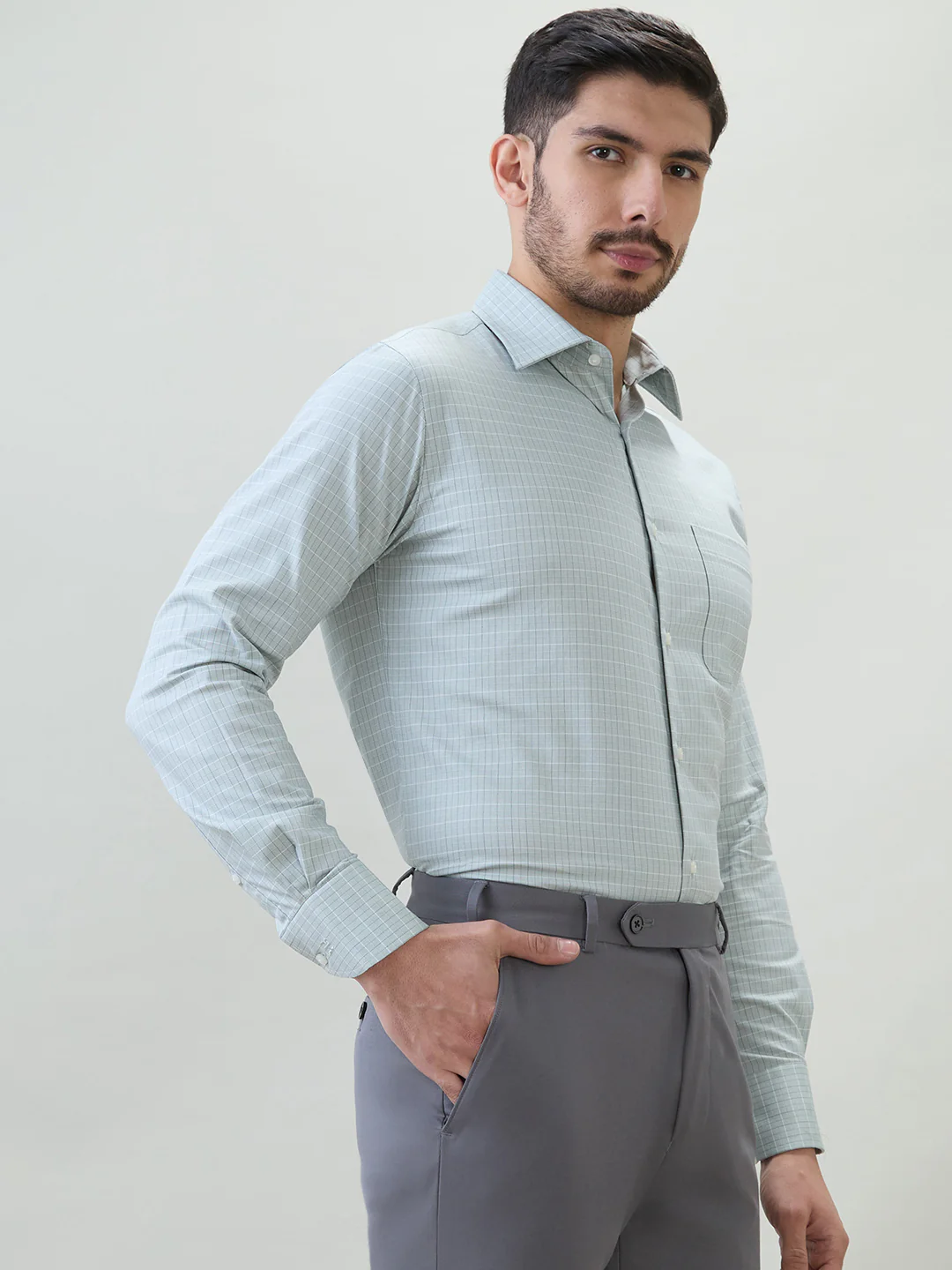 Raymond Men Green Checks Slim Fit Cotton Formal Shirt - Image 2