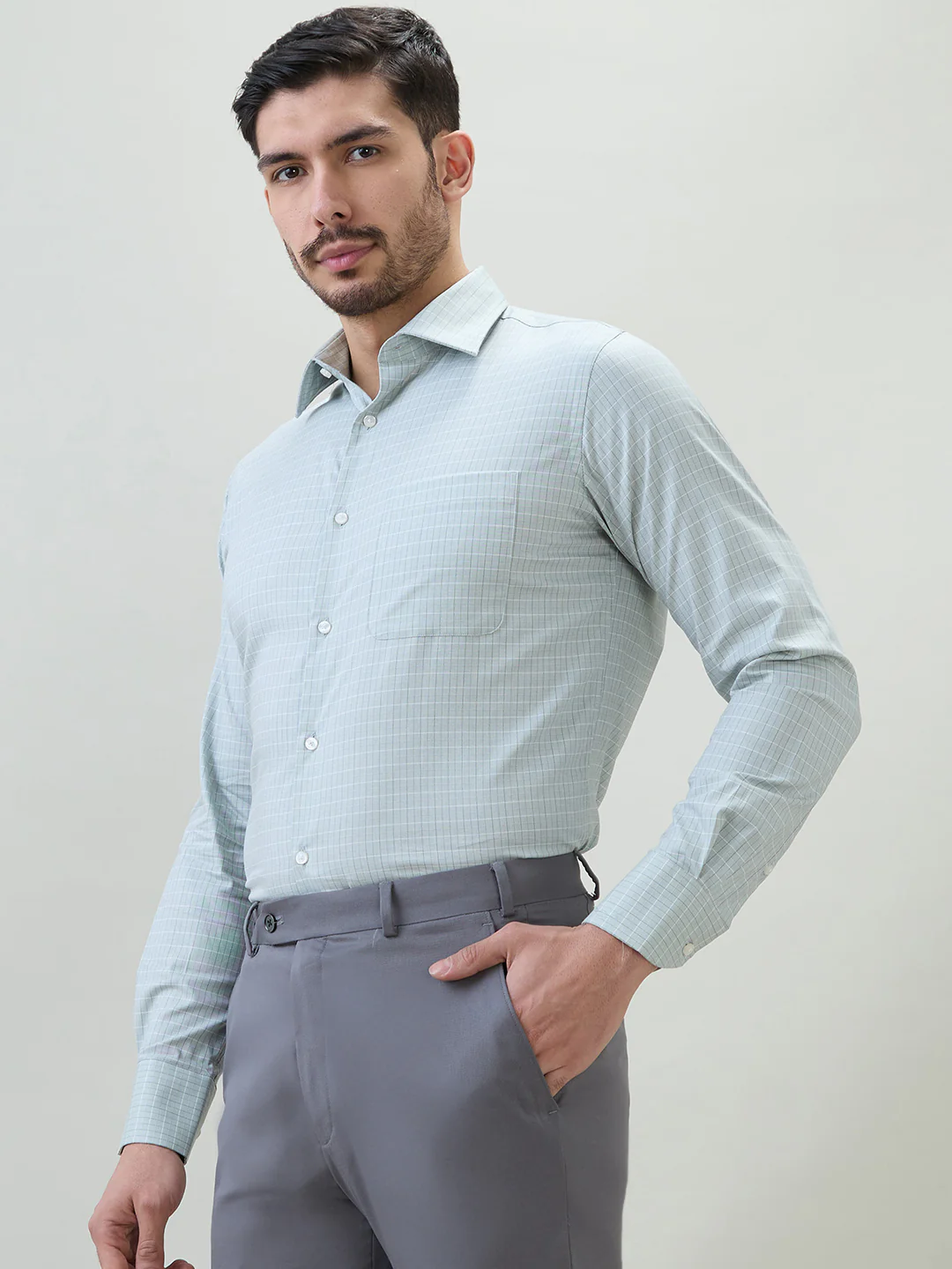 Raymond Men Green Checks Slim Fit Cotton Formal Shirt - Image 3