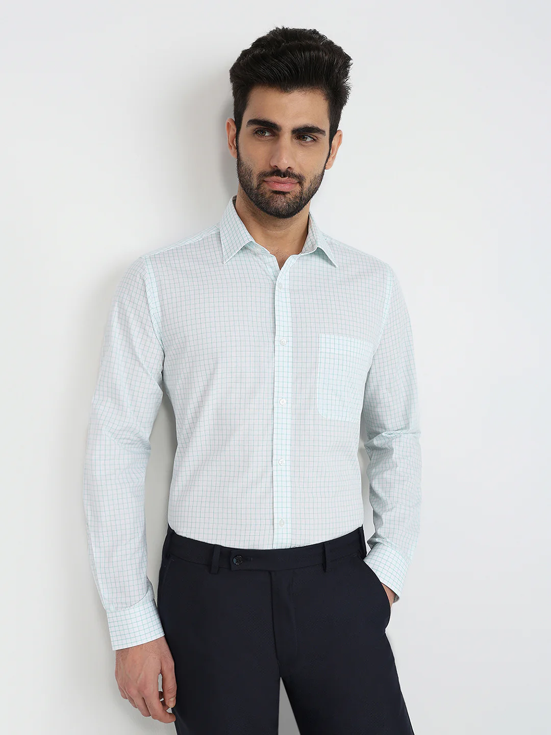 Raymond Men Green Checks Slim Fit Cotton Formal Shirt