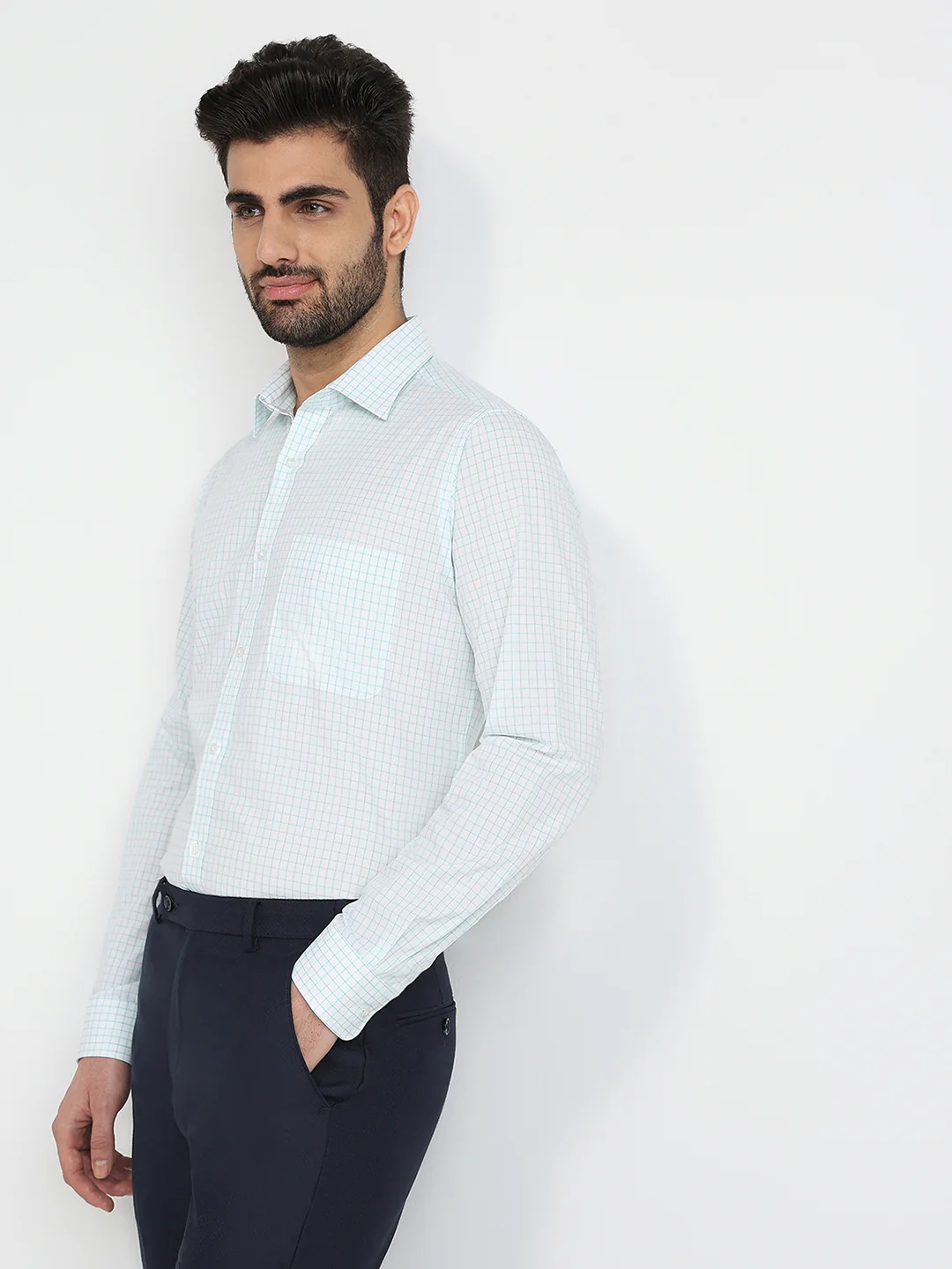 Raymond Men Green Checks Slim Fit Cotton Formal Shirt - Image 2