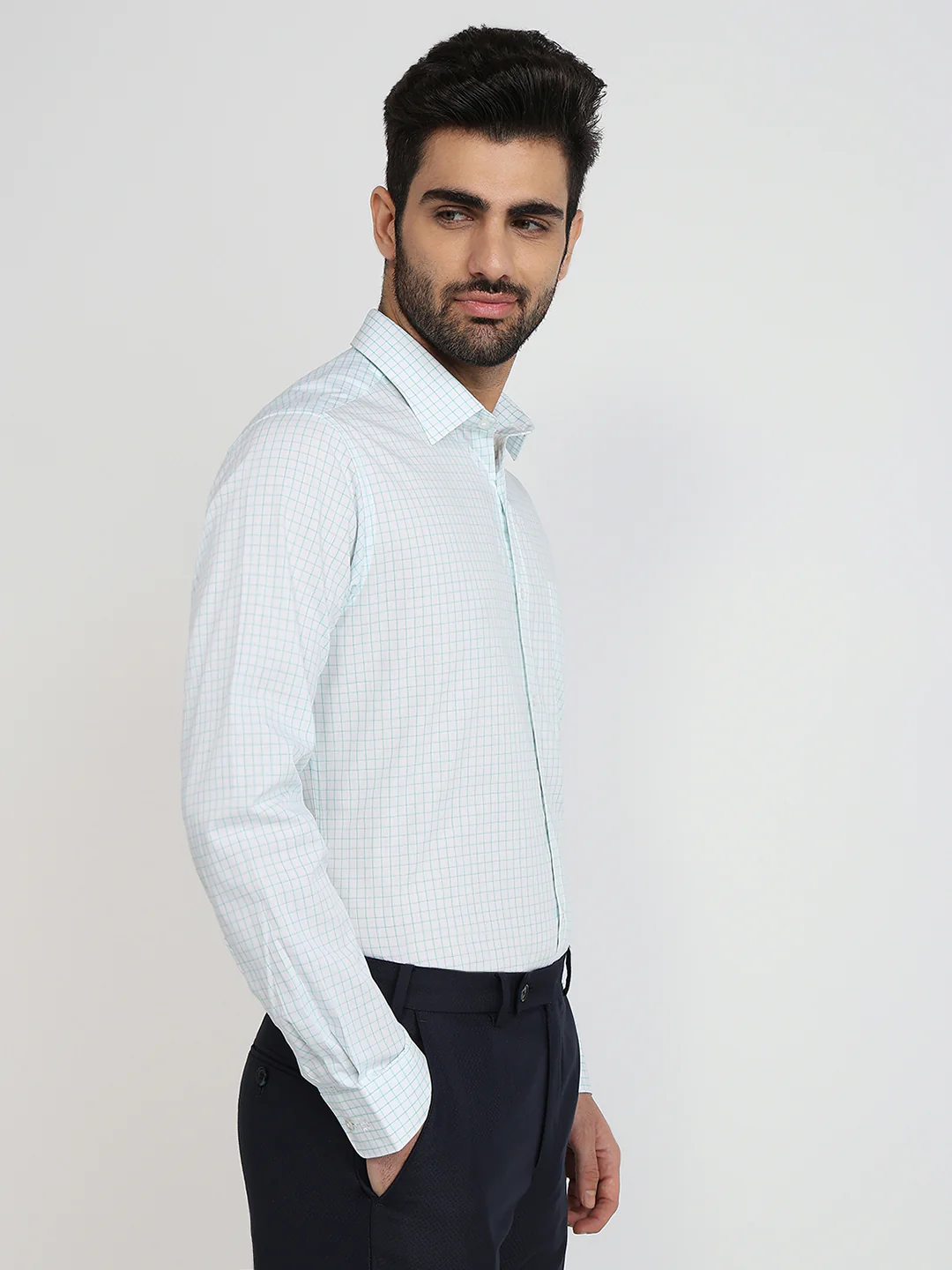 Raymond Men Green Checks Slim Fit Cotton Formal Shirt - Image 3
