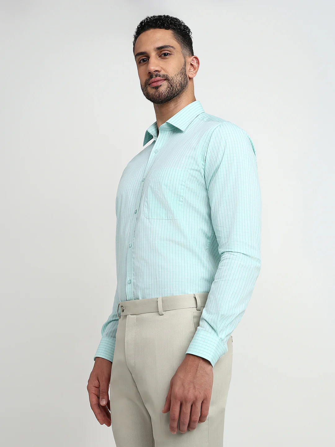 Raymond Men Green Checks Slim Fit Cotton Formal Shirt - Image 2