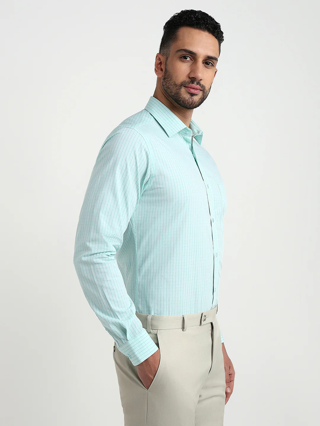 Raymond Men Green Checks Slim Fit Cotton Formal Shirt - Image 3