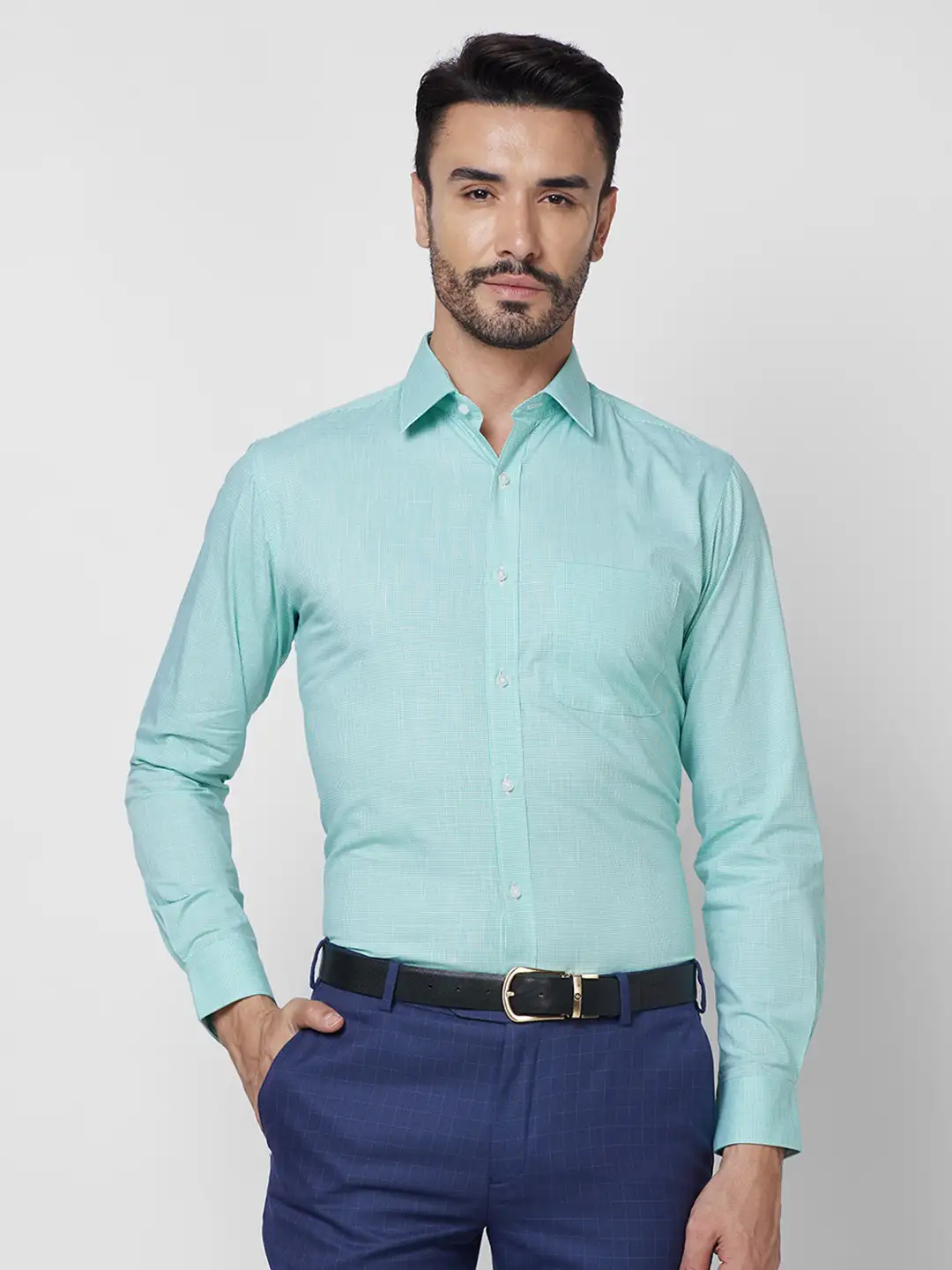 Raymond Men Green Checks Slim Fit Cotton Shirt