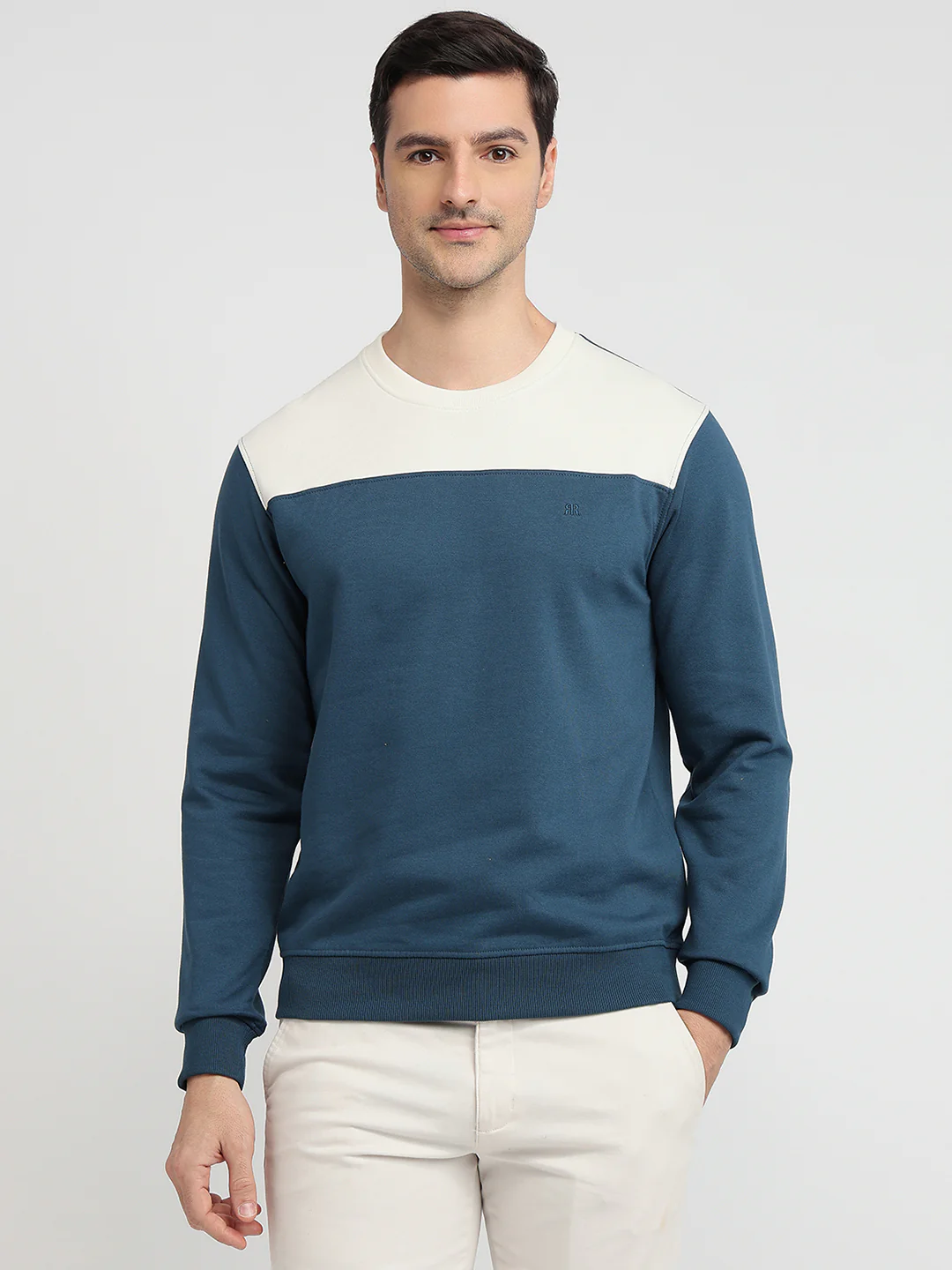 Raymond Men Green Colorblock Regular Fit Cotton Blend Sweatshirt