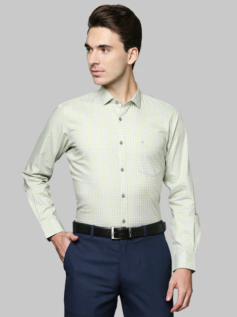 Raymond Men Green Contemporary Fit Checks Regular Collar Shirt