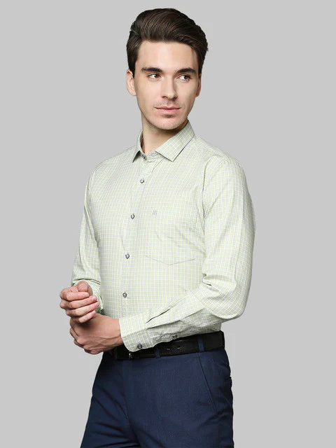 Raymond Men Green Contemporary Fit Checks Regular Collar Shirt - Image 3