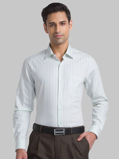 Raymond Men Green Contemporary Fit Stripe Cutaway Collar Shirt