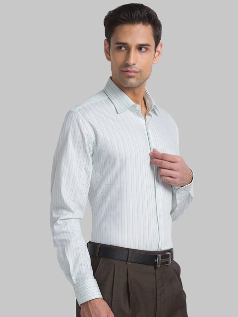 Raymond Men Green Contemporary Fit Stripe Cutaway Collar Shirt - Image 2