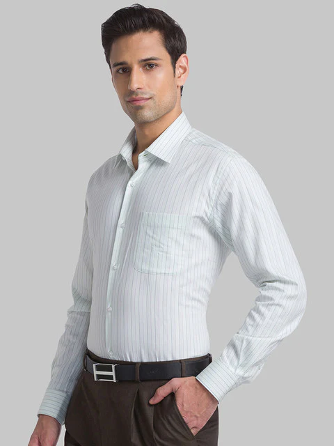 Raymond Men Green Contemporary Fit Stripe Cutaway Collar Shirt - Image 3