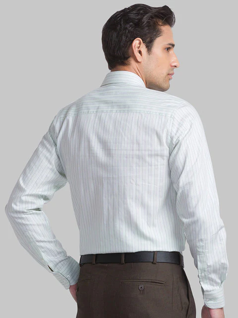 Raymond Men Green Contemporary Fit Stripe Cutaway Collar Shirt - Image 4