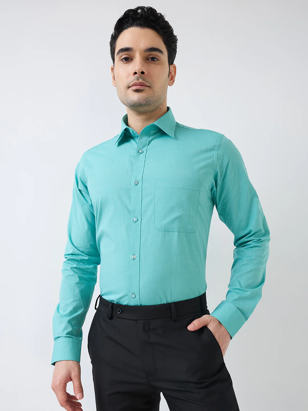 Raymond Men Green Fil-A-Fil Slim Fit Cotton Formal Shirt